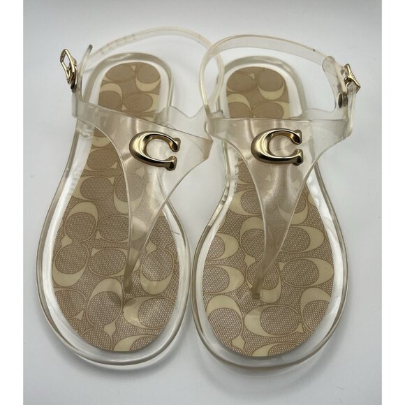 Coach Women’s Size 5 Clear Jelly Gold Monogram T-Strap Sandals - Picture 1 of 9
